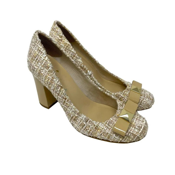 Kate Spade Tweed Patent Leather Bow High Heels Tan Nude Size US 7.5 - Picture 3 of 8